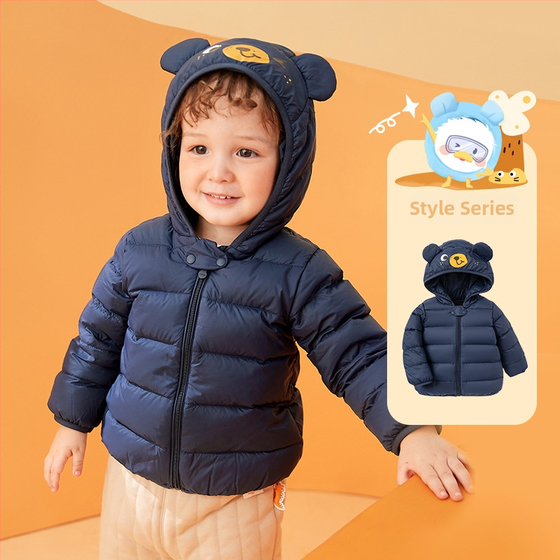 Zēnu dūnu jaka, bērnu mētelis, 2023. gada ziema, jauns meiteņu mazuļu tops, balts, viegls, ar kapuci