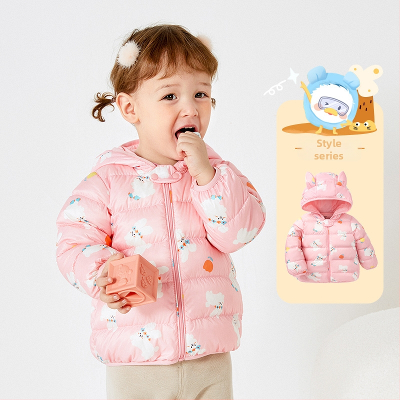 Zēnu dūnu jaka, bērnu mētelis, 2023. gada ziema, jauns meiteņu mazuļu tops, balts, viegls, ar kapuci