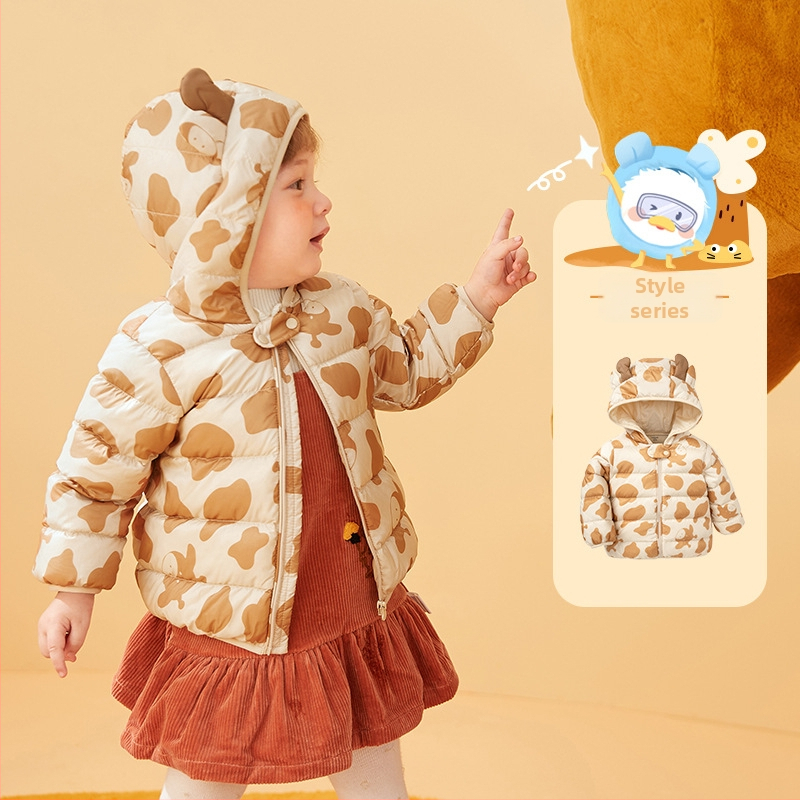 Zēnu dūnu jaka, bērnu mētelis, 2023. gada ziema, jauns meiteņu mazuļu tops, balts, viegls, ar kapuci