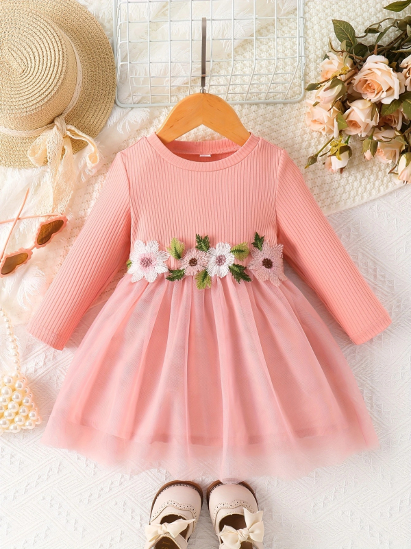 Prekogranična INS haljina za djevojčice za proljeće i jesen s okruglim izrezom i strukom, cvjetnim uzorkom, mrežastim uzorkom