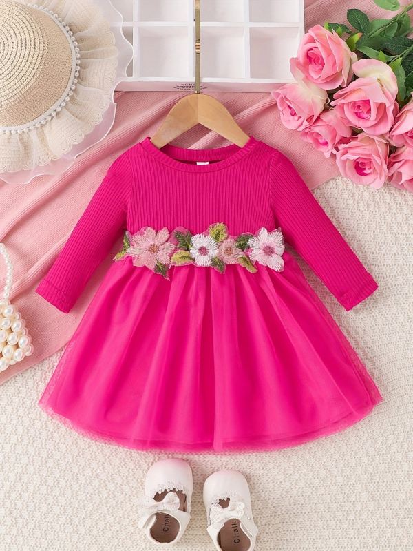 Prekogranična INS haljina za djevojčice za proljeće i jesen s okruglim izrezom i strukom, cvjetnim uzorkom, mrežastim uzorkom