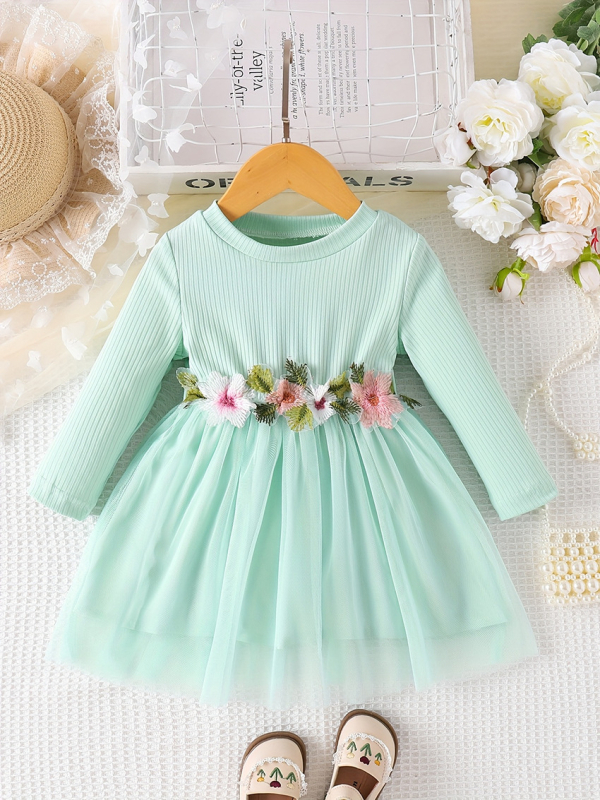 Prekogranična INS haljina za djevojčice za proljeće i jesen s okruglim izrezom i strukom, cvjetnim uzorkom, mrežastim uzorkom