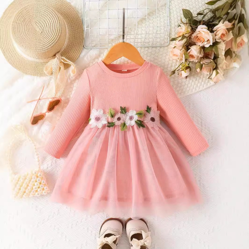 Prekogranična INS haljina za djevojčice za proljeće i jesen s okruglim izrezom i strukom, cvjetnim uzorkom, mrežastim uzorkom