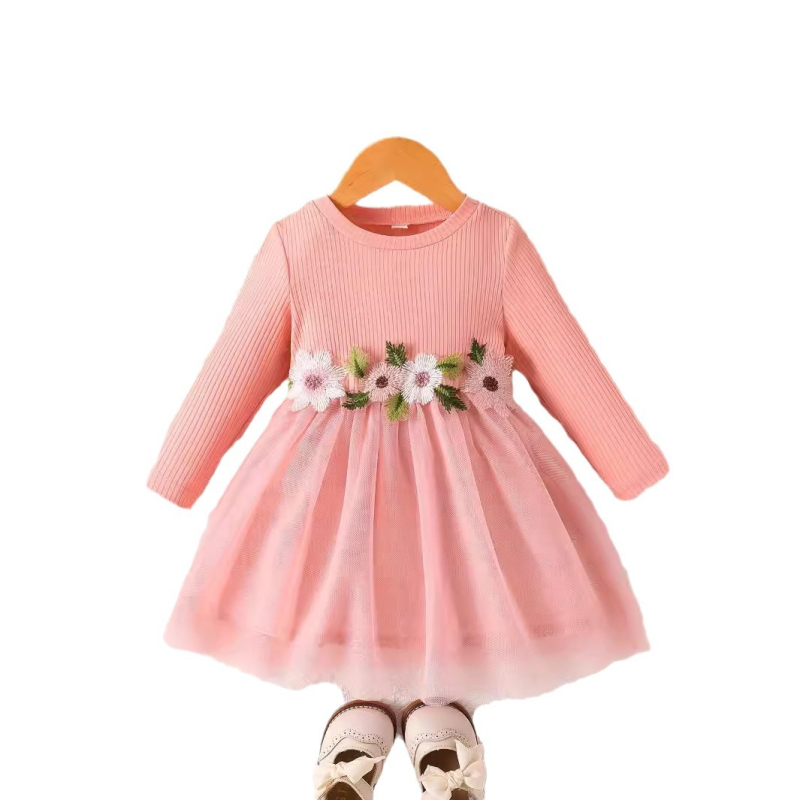 Prekogranična INS haljina za djevojčice za proljeće i jesen s okruglim izrezom i strukom, cvjetnim uzorkom, mrežastim uzorkom