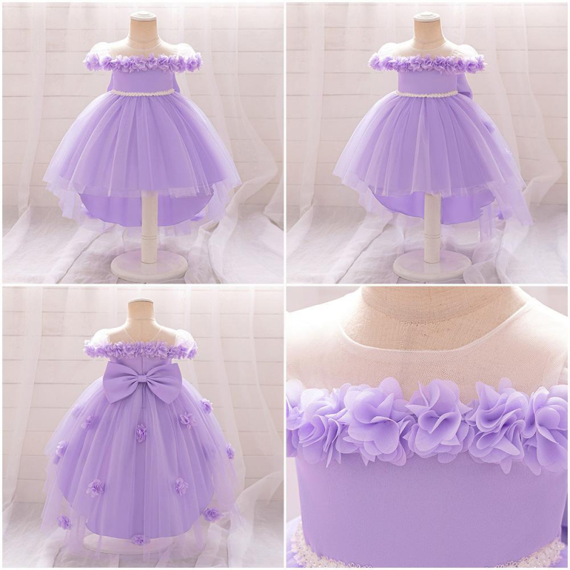 Rochie de ziua de naștere Amazon pentru copii, rochie de prințesă cu coadă și flori din plasă, rochie pentru fete cu flori