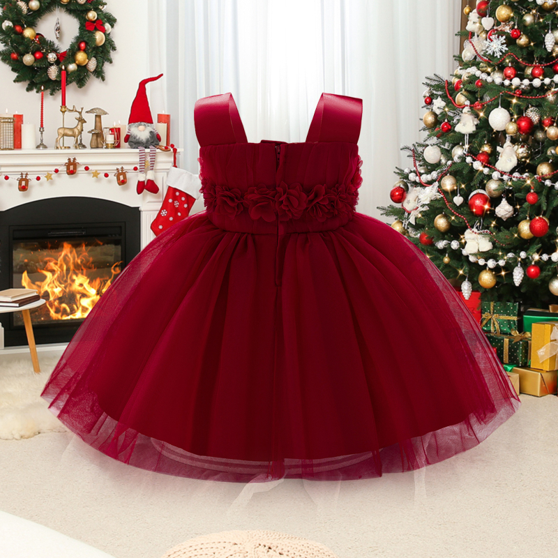 Rochie nouă pentru copii, 2024, cu aplicații din tifon, rochie de prințesă, fără mâneci, rochie pentru fete cu flori, rochie de un an, rochie pentru fete