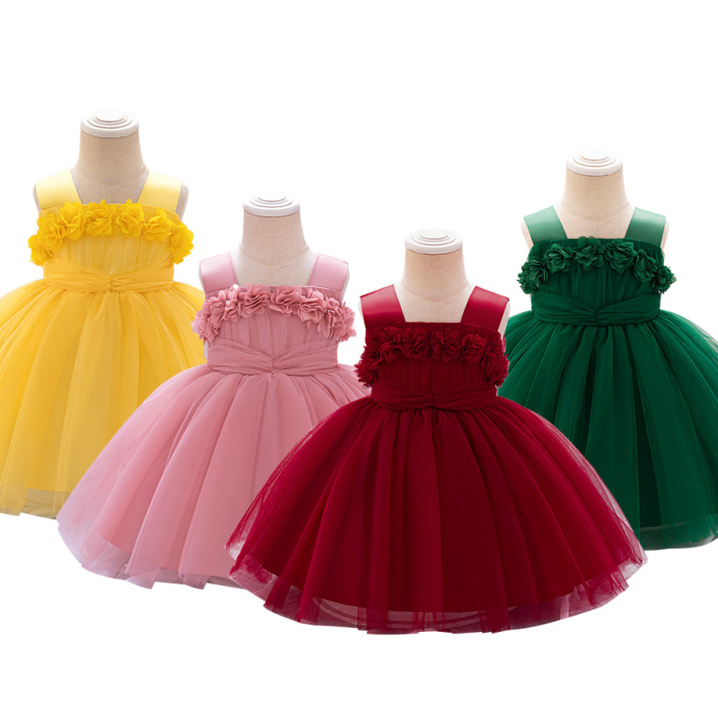 Rochie nouă pentru copii, 2024, cu aplicații din tifon, rochie de prințesă, fără mâneci, rochie pentru fete cu flori, rochie de un an, rochie pentru fete