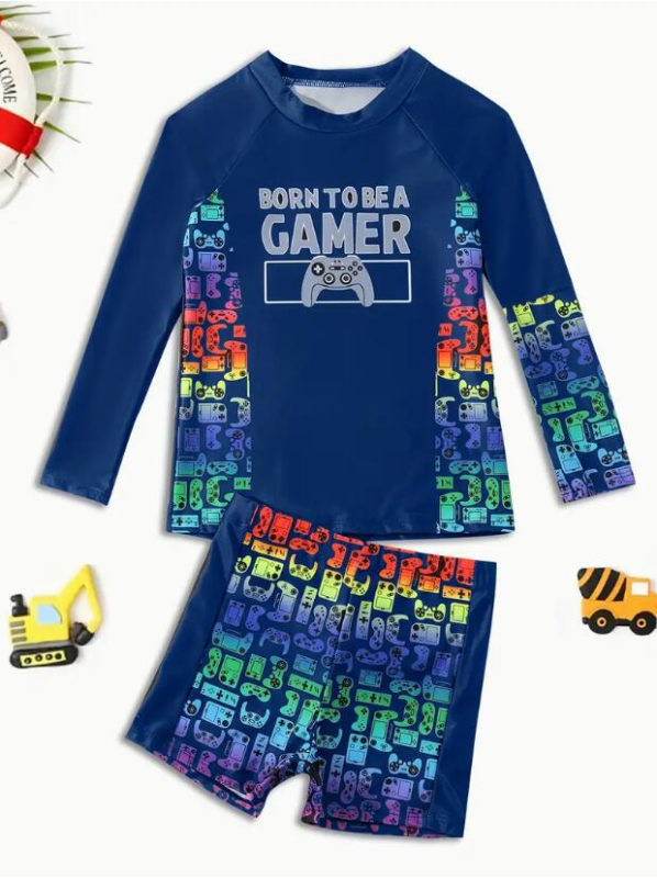 Costum de baie pentru copii, costum de baie cu mânecă lungă, cu protecție solară, pentru plajă, pentru izvoare termale, mărime mare și medie, pentru băieți, 8-12 ani