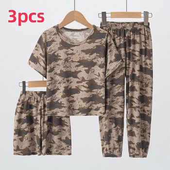 Διασυνοριακή Αμερικανική Έκδοση Αγοριών και Κοριτσιών Καλοκαιρινό Λεπτό Κοντόμανικο Σορτς Παντελόνι Κοντόμανικο Παιδικό Ρούχο Σπιτιού Σετ Τριών Τεμαχίων