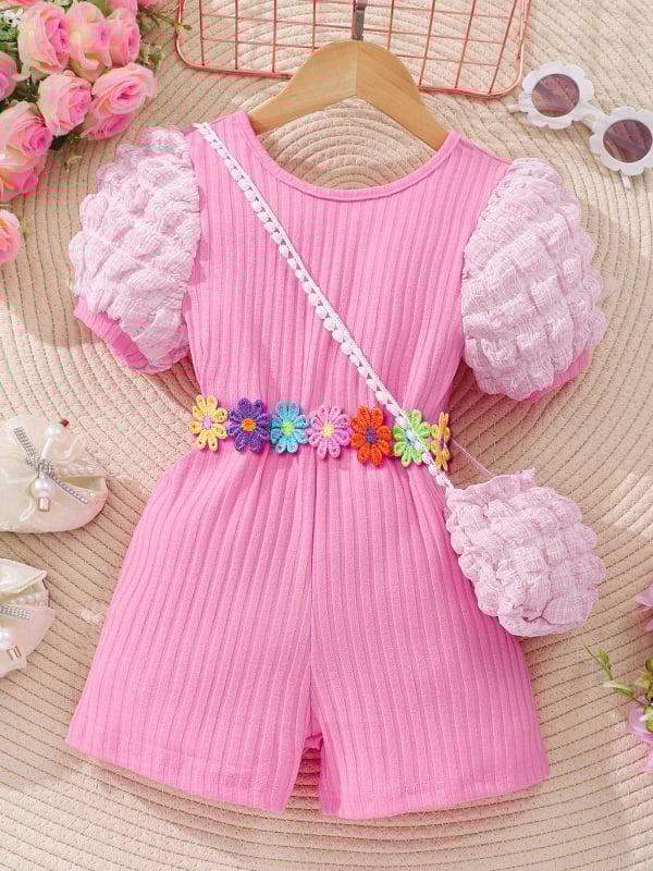 Pantaloni încrucișați cu mâneci bufante și spate subțire pentru copii, cu geantă