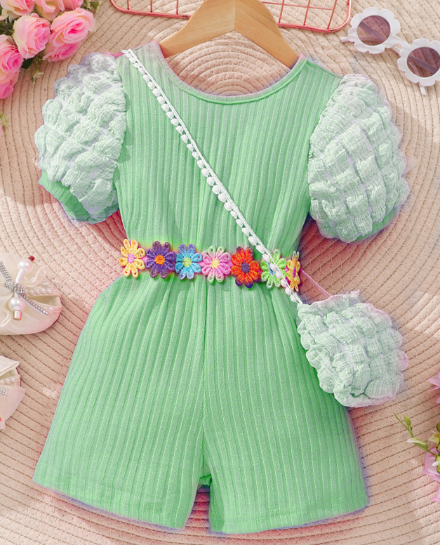 Pantaloni încrucișați cu mâneci bufante și spate subțire pentru copii, cu geantă