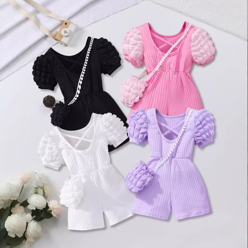 Pantaloni încrucișați cu mâneci bufante și spate subțire pentru copii, cu geantă