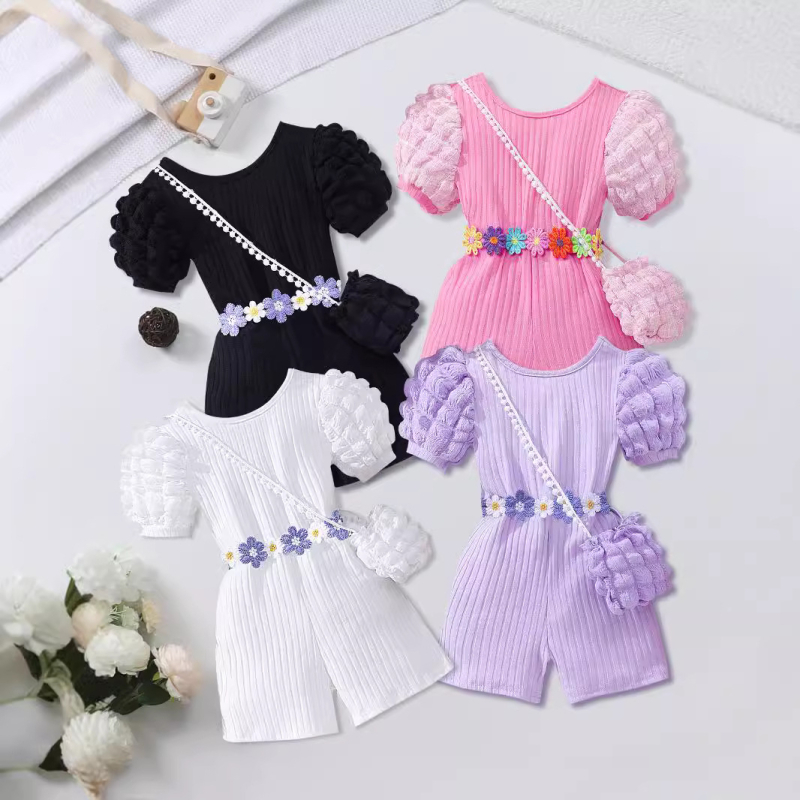 Pantaloni încrucișați cu mâneci bufante și spate subțire pentru copii, cu geantă