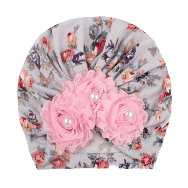 Ευρωπαϊκό και αμερικανικό σκουφάκι μωρού 2022, σκουφάκι εμβρύου από σιφόν, λουλούδι και μαργαριτάρι με 3 μικρά λουλούδια, ινδικό σκουφάκι fontanelle