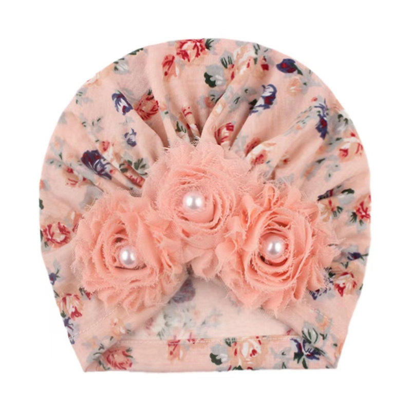 Ευρωπαϊκό και αμερικανικό σκουφάκι μωρού 2022, σκουφάκι εμβρύου από σιφόν, λουλούδι και μαργαριτάρι με 3 μικρά λουλούδια, ινδικό σκουφάκι fontanelle