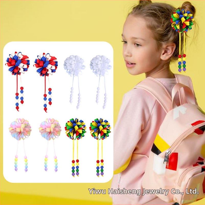 Pārrobežu sprādzieni meitenēm, mīlīga cirtaina bumbiņa ar pušķīša matu sprādzi, krāsu burbuļu ziedu riba ar matu ziedu matu sprādzi