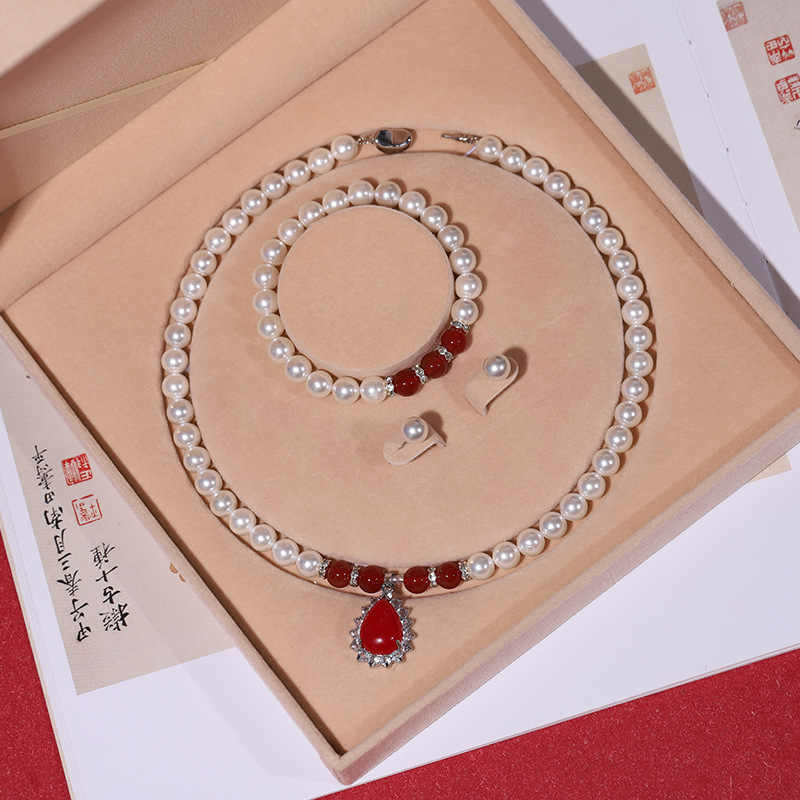 Colier cu perle naturale din scoici de mare adânc, en-gros, set de trei piese pentru femei, bijuterii, cadou de Ziua Mamei, cadou live