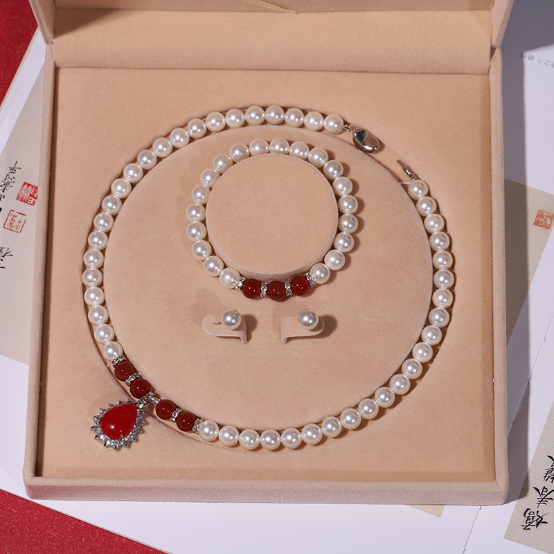 Colier cu perle naturale din scoici de mare adânc, en-gros, set de trei piese pentru femei, bijuterii, cadou de Ziua Mamei, cadou live