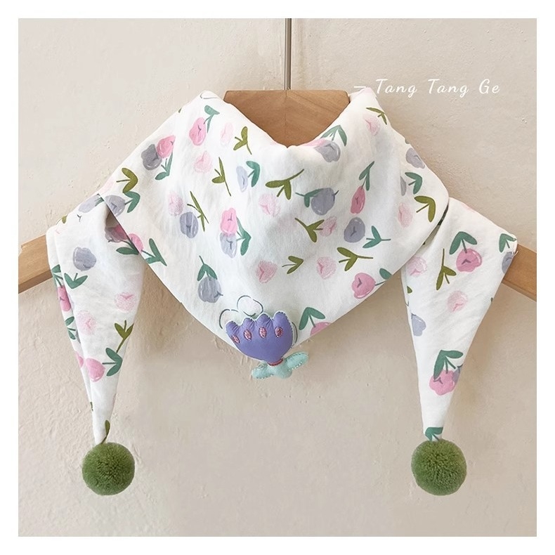 Vaikiškas trikampio formos šalikas mergaitėms, atsparus vėjui ir šiltas, kūdikio trikampio formos šalikas-kaklo šildytuvas, mažas gėlėtas kaklo šalikas, korėjietiško stiliaus šiltas šalikas kūdikiams ir mažiems vaikams