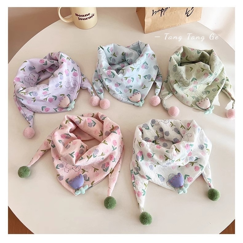 Vaikiškas trikampio formos šalikas mergaitėms, atsparus vėjui ir šiltas, kūdikio trikampio formos šalikas-kaklo šildytuvas, mažas gėlėtas kaklo šalikas, korėjietiško stiliaus šiltas šalikas kūdikiams ir mažiems vaikams