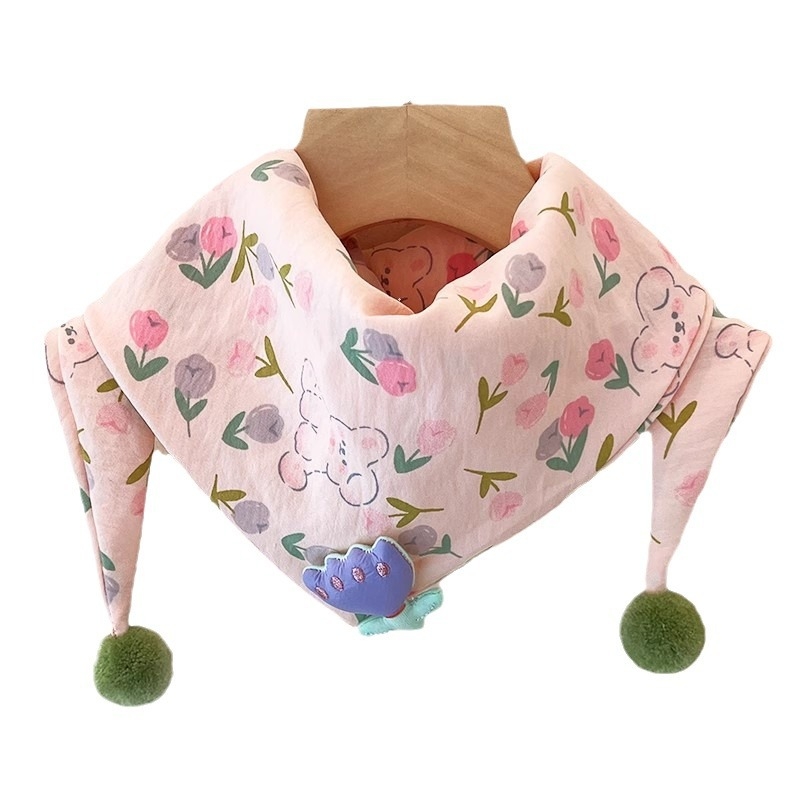 Vaikiškas trikampio formos šalikas mergaitėms, atsparus vėjui ir šiltas, kūdikio trikampio formos šalikas-kaklo šildytuvas, mažas gėlėtas kaklo šalikas, korėjietiško stiliaus šiltas šalikas kūdikiams ir mažiems vaikams