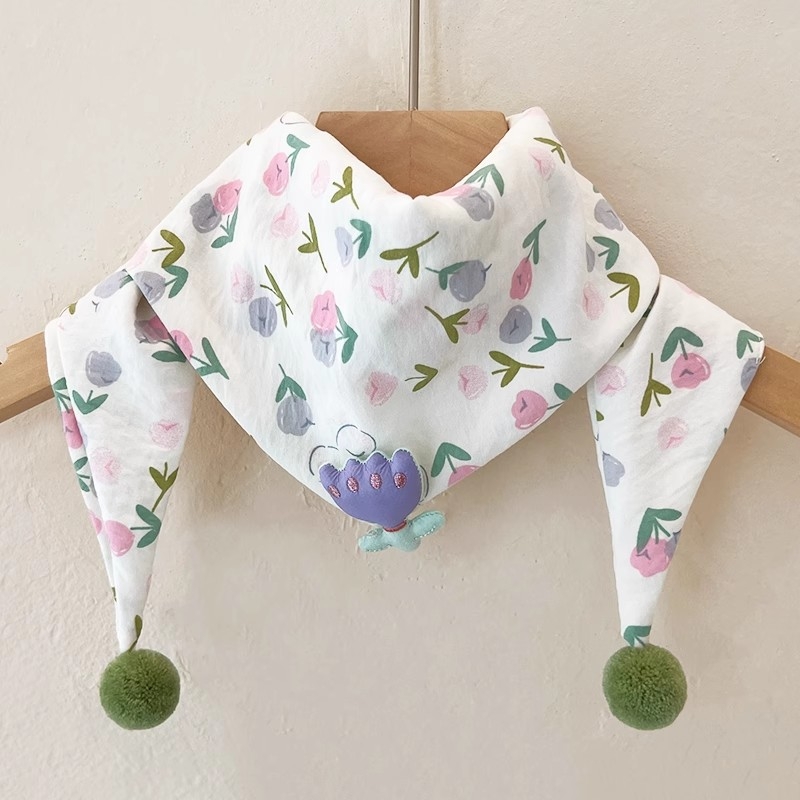 Vaikiškas trikampio formos šalikas mergaitėms, atsparus vėjui ir šiltas, kūdikio trikampio formos šalikas-kaklo šildytuvas, mažas gėlėtas kaklo šalikas, korėjietiško stiliaus šiltas šalikas kūdikiams ir mažiems vaikams