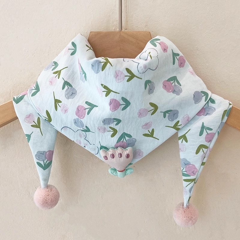 Vaikiškas trikampio formos šalikas mergaitėms, atsparus vėjui ir šiltas, kūdikio trikampio formos šalikas-kaklo šildytuvas, mažas gėlėtas kaklo šalikas, korėjietiško stiliaus šiltas šalikas kūdikiams ir mažiems vaikams