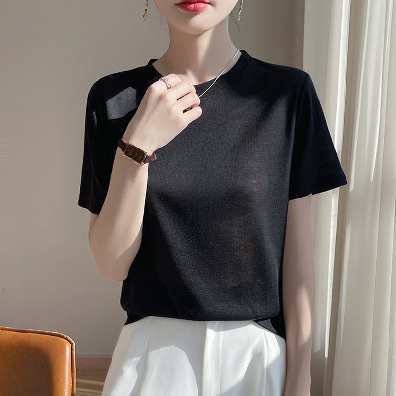 Tricou de vară cu mânecă scurtă, subțire, din lână pieptănată, pentru femei, cu guler înalt, culoare solidă, cu mânecă jumătate, tricotat, en-gros transfrontalier