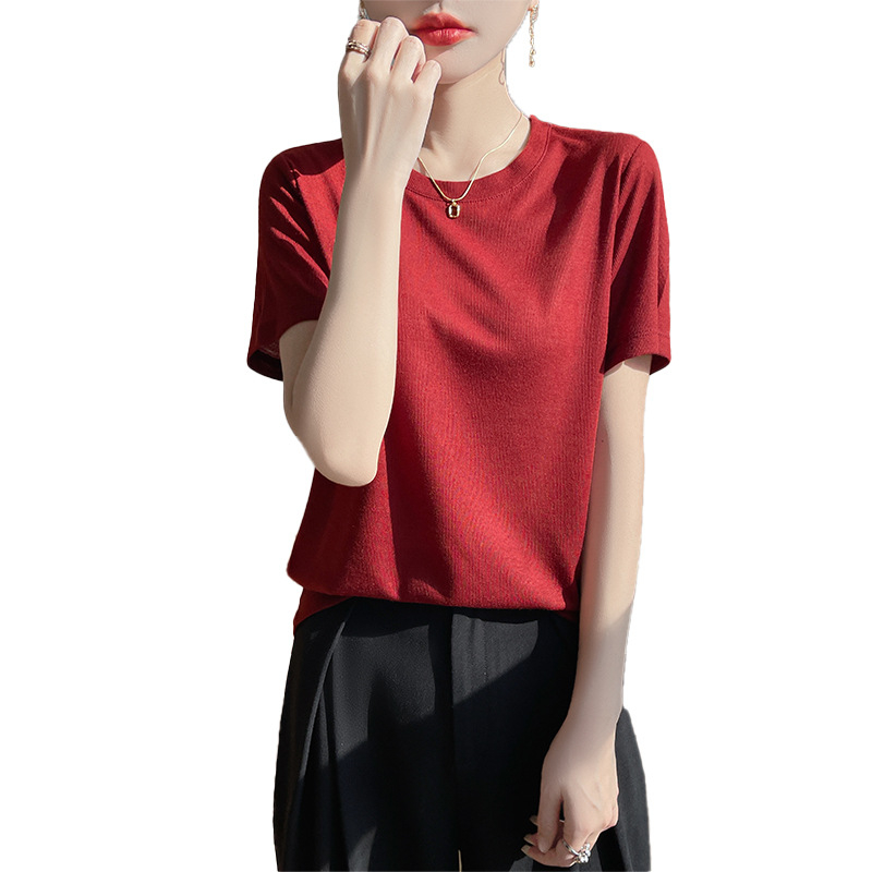 Tricou de vară cu mânecă scurtă, subțire, din lână pieptănată, pentru femei, cu guler înalt, culoare solidă, cu mânecă jumătate, tricotat, en-gros transfrontalier