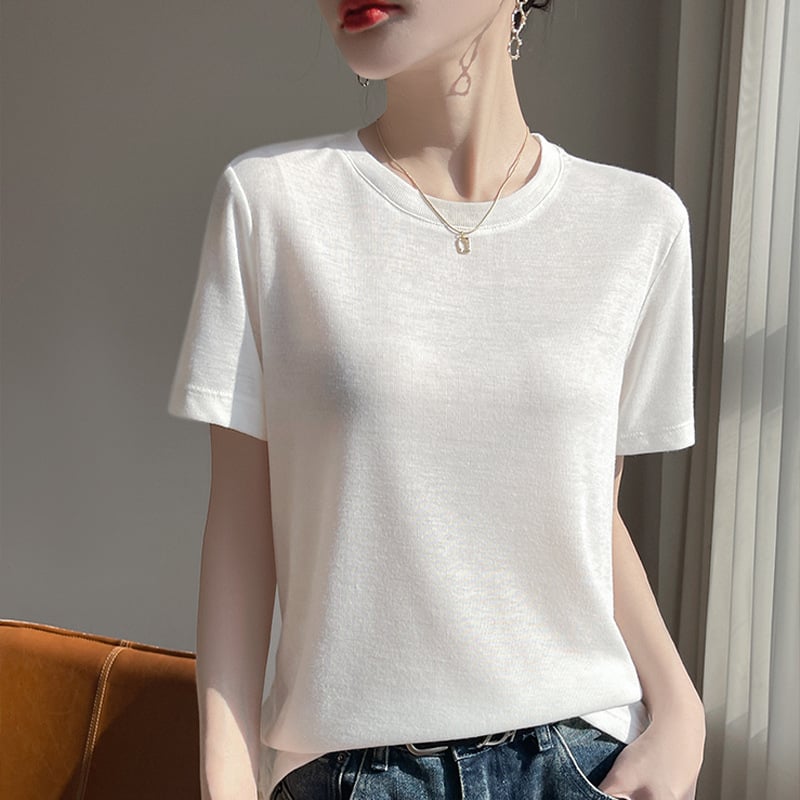 Tricou de vară cu mânecă scurtă, subțire, din lână pieptănată, pentru femei, cu guler înalt, culoare solidă, cu mânecă jumătate, tricotat, en-gros transfrontalier