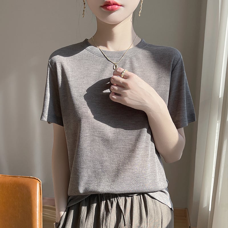 Tricou de vară cu mânecă scurtă, subțire, din lână pieptănată, pentru femei, cu guler înalt, culoare solidă, cu mânecă jumătate, tricotat, en-gros transfrontalier