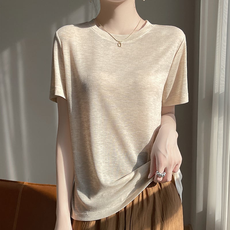 Tricou de vară cu mânecă scurtă, subțire, din lână pieptănată, pentru femei, cu guler înalt, culoare solidă, cu mânecă jumătate, tricotat, en-gros transfrontalier