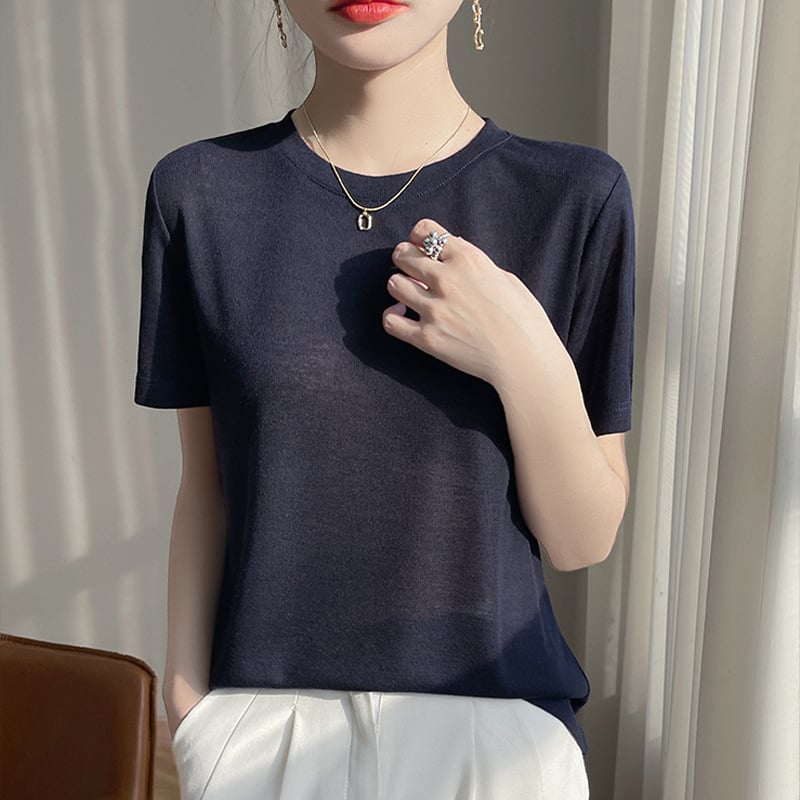 Tricou de vară cu mânecă scurtă, subțire, din lână pieptănată, pentru femei, cu guler înalt, culoare solidă, cu mânecă jumătate, tricotat, en-gros transfrontalier