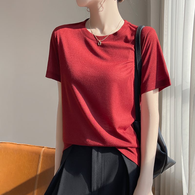 Tricou de vară cu mânecă scurtă, subțire, din lână pieptănată, pentru femei, cu guler înalt, culoare solidă, cu mânecă jumătate, tricotat, en-gros transfrontalier