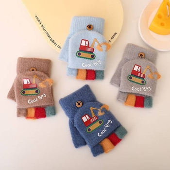 Laste kindad ekskavaatoripoistele sügise ja talve multifilmi armsad poole sõrmega klapiga kootud villast külmakindlad soojad kindad