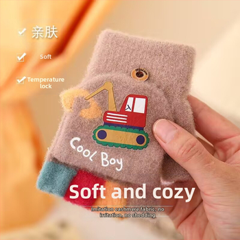 Laste kindad ekskavaatoripoistele sügise ja talve multifilmi armsad poole sõrmega klapiga kootud villast külmakindlad soojad kindad