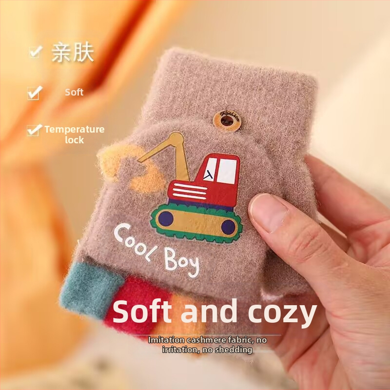 Laste kindad ekskavaatoripoistele sügise ja talve multifilmi armsad poole sõrmega klapiga kootud villast külmakindlad soojad kindad