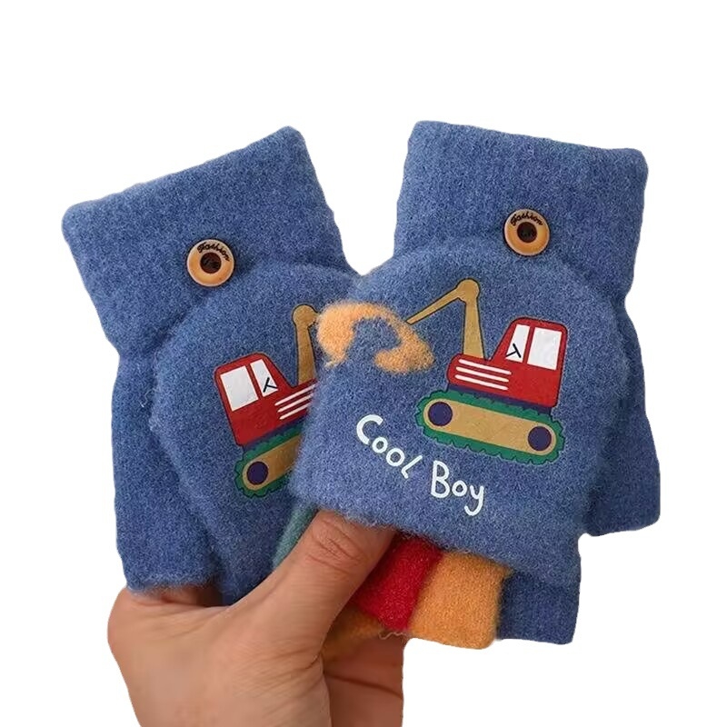 Laste kindad ekskavaatoripoistele sügise ja talve multifilmi armsad poole sõrmega klapiga kootud villast külmakindlad soojad kindad