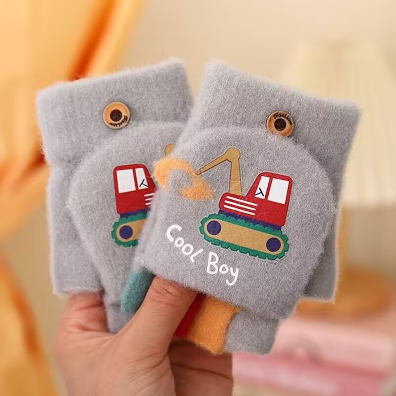 Laste kindad ekskavaatoripoistele sügise ja talve multifilmi armsad poole sõrmega klapiga kootud villast külmakindlad soojad kindad