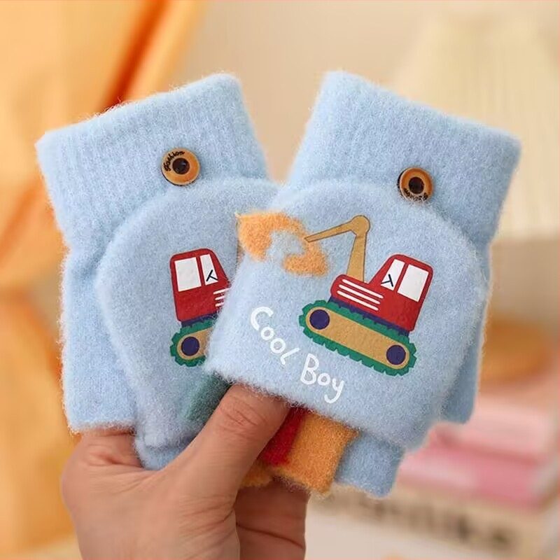 Laste kindad ekskavaatoripoistele sügise ja talve multifilmi armsad poole sõrmega klapiga kootud villast külmakindlad soojad kindad
