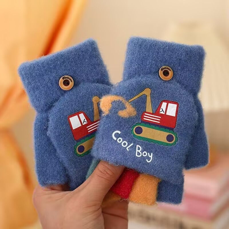 Laste kindad ekskavaatoripoistele sügise ja talve multifilmi armsad poole sõrmega klapiga kootud villast külmakindlad soojad kindad
