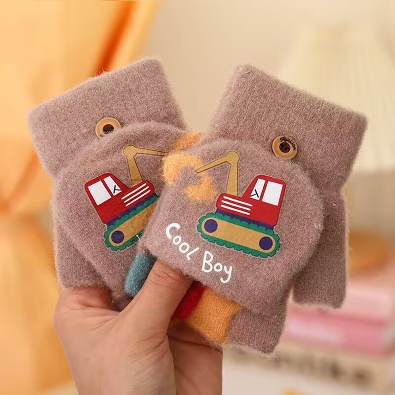Laste kindad ekskavaatoripoistele sügise ja talve multifilmi armsad poole sõrmega klapiga kootud villast külmakindlad soojad kindad