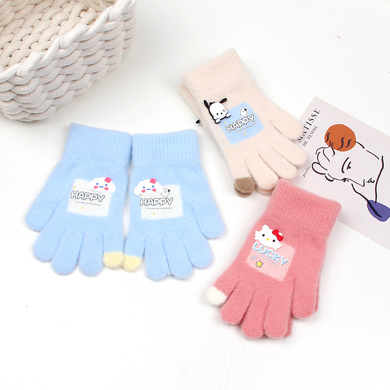 Naujos vaikiškos pirštinės mielos animacinių filmukų mergaitėms šiltos penkių pirštų pirštinės vilnonės megztos žieminės šalčiui atsparios pirštinės