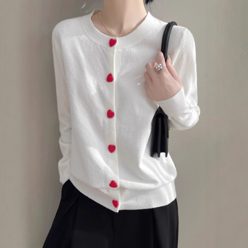 Cardigan tricotat cu guler rotund din catifea, stil dulce Andy, primăvară, design cu nasturi Love, jachetă cu mânecă lungă pentru femei