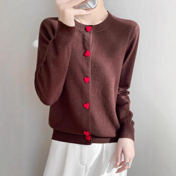 Cardigan tricotat cu guler rotund din catifea, stil dulce Andy, primăvară, design cu nasturi Love, jachetă cu mânecă lungă pentru femei