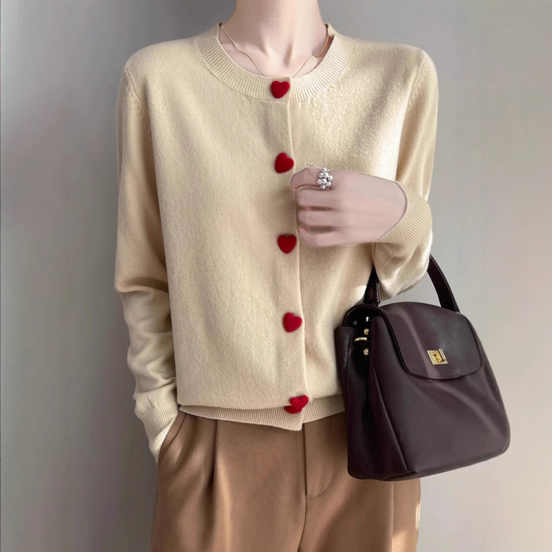 Cardigan tricotat cu guler rotund din catifea, stil dulce Andy, primăvară, design cu nasturi Love, jachetă cu mânecă lungă pentru femei