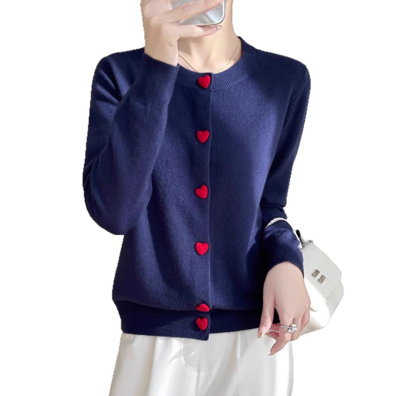 Cardigan tricotat cu guler rotund din catifea, stil dulce Andy, primăvară, design cu nasturi Love, jachetă cu mânecă lungă pentru femei