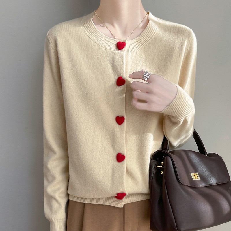 Cardigan tricotat cu guler rotund din catifea, stil dulce Andy, primăvară, design cu nasturi Love, jachetă cu mânecă lungă pentru femei