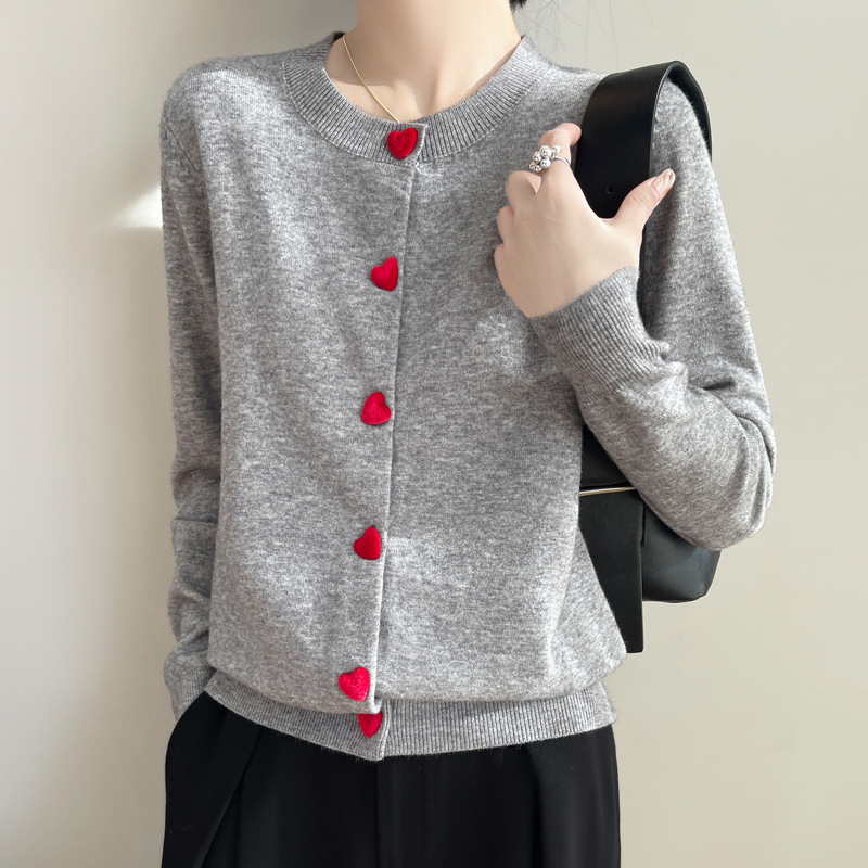 Cardigan tricotat cu guler rotund din catifea, stil dulce Andy, primăvară, design cu nasturi Love, jachetă cu mânecă lungă pentru femei