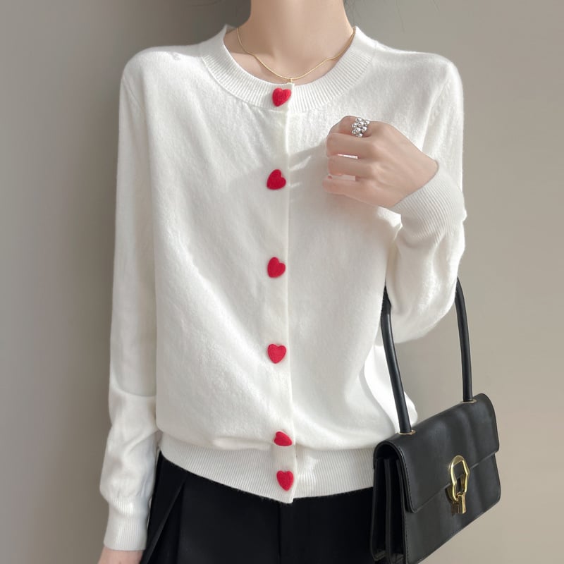 Cardigan tricotat cu guler rotund din catifea, stil dulce Andy, primăvară, design cu nasturi Love, jachetă cu mânecă lungă pentru femei